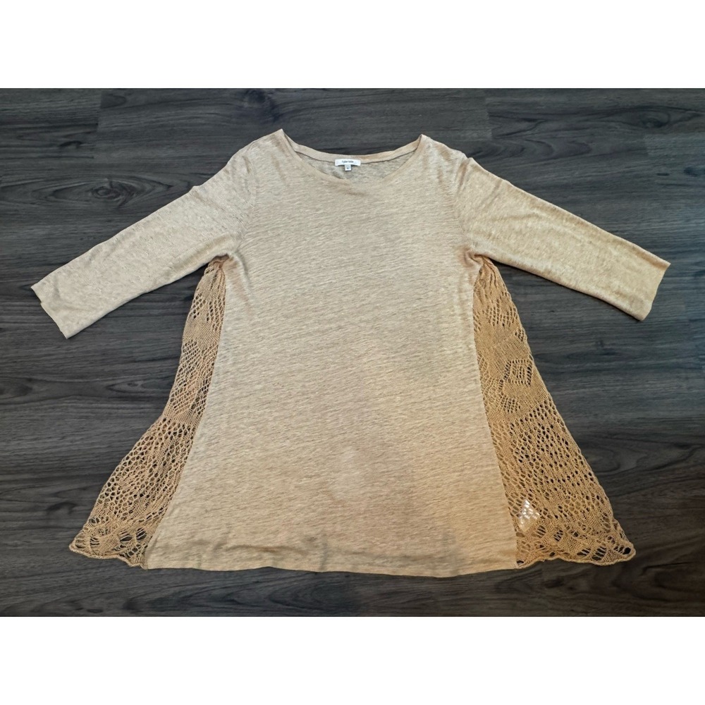 Tyler Boe Linen Top L Khaki Lagenlook Coastal Chic Boho Resort Minimalist - Picture 9 of 14